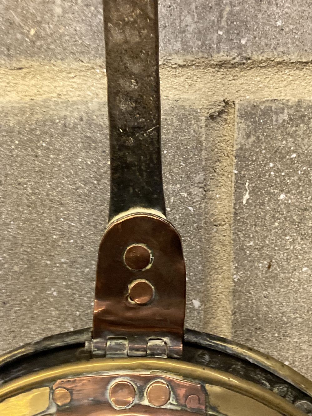 A Victorian engraved brass warming pan, with wrought iron handle, length 100cm